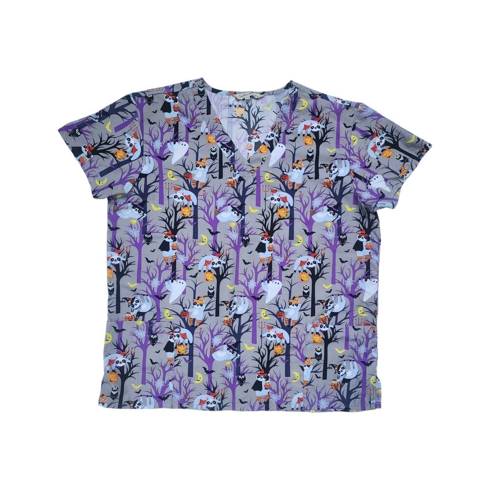 Gabby Brooke Halloween Scrub Top Size XL Sloth Ghost Owl Trick Or Treat Nurse